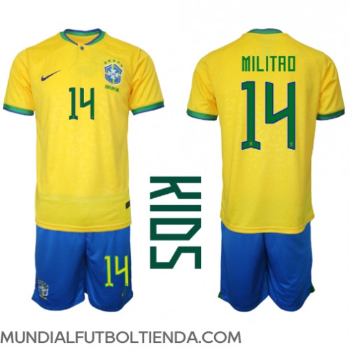 Camiseta Brasil Eder Militao #14 Primera Equipación Replica Mundial 2022 para niños mangas cortas (+ Pantalones cortos)